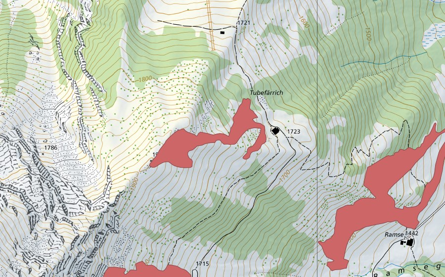 Carte nationale swisstopo avec le périmètre protégé de Tubelfärrich (Prairie sèche)