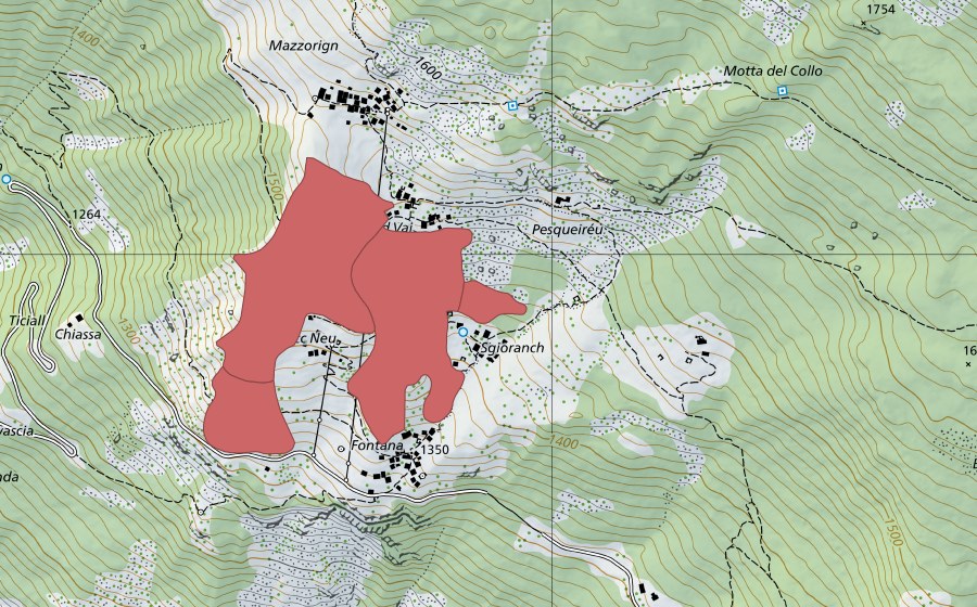Landeskarte swisstopo mit dem Schutzperimeter von Tücc nev (Trockenwiese)