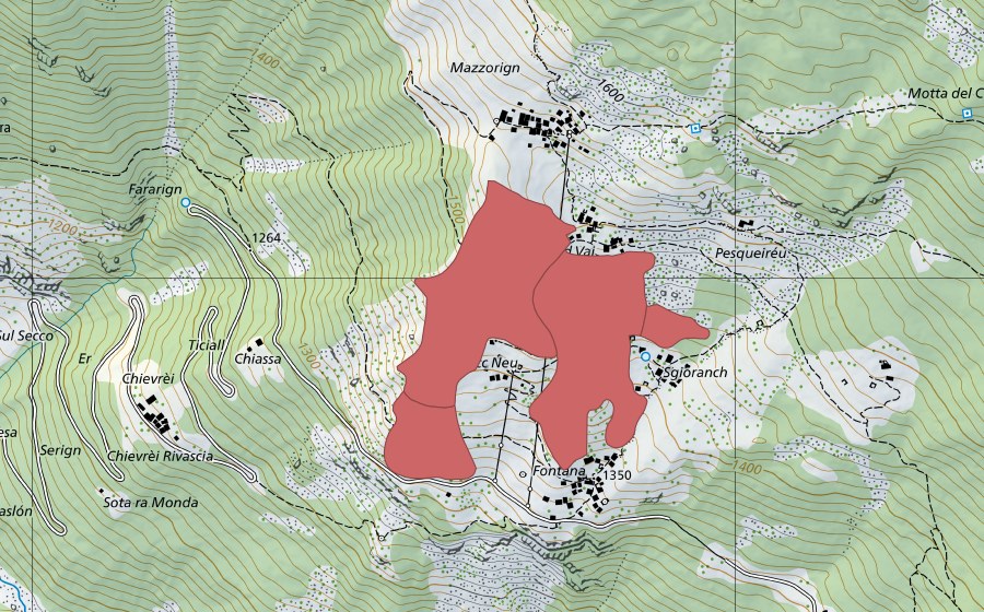 Landeskarte swisstopo mit dem Schutzperimeter von Tücc nev (Trockenwiese)