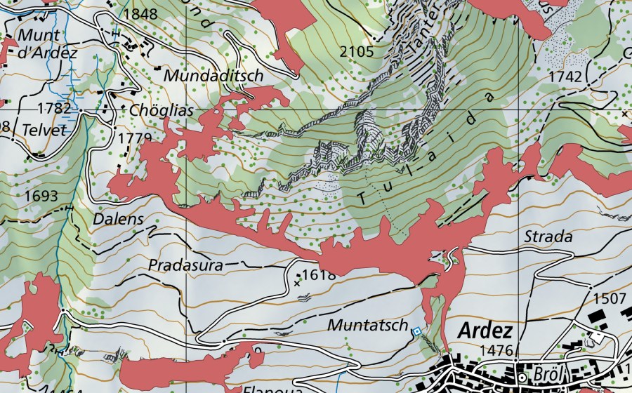 Carte nationale swisstopo avec le périmètre protégé de Tulaida (Prairie sèche)