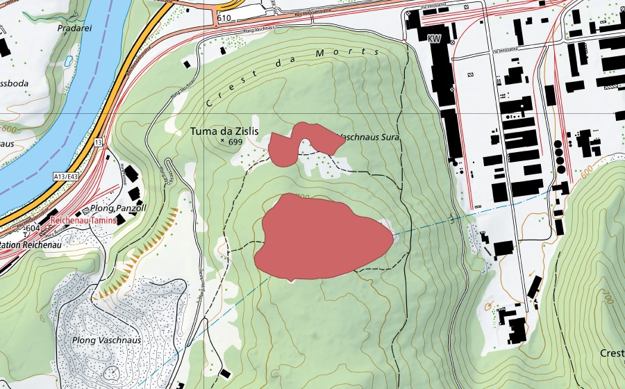 Carte nationale swisstopo avec le périmètre protégé de Tuma da Zislis (Prairie sèche)