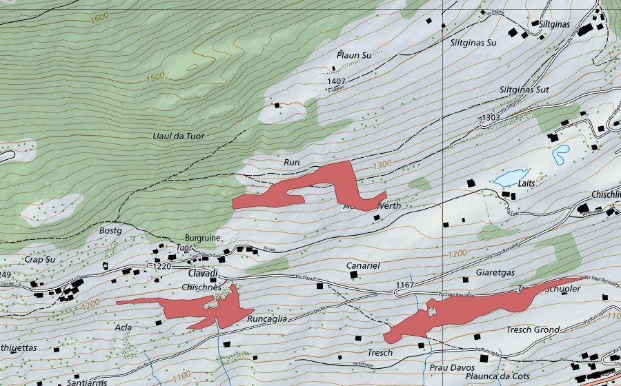 Carte nationale swisstopo avec le périmètre protégé de Tuor (Prairie sèche)