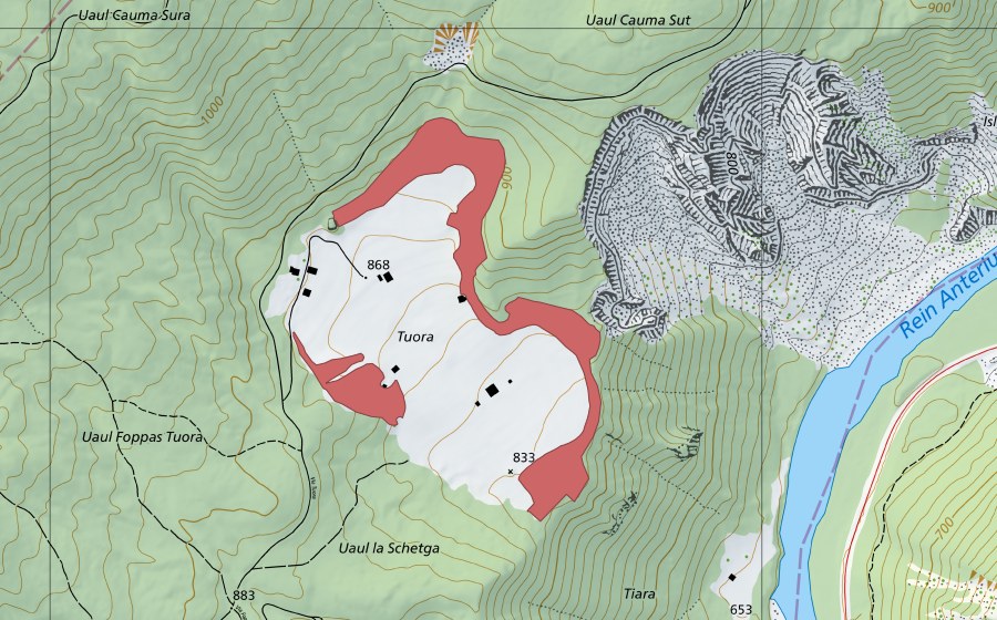 Landeskarte swisstopo mit dem Schutzperimeter von Tuora (Trockenwiese)