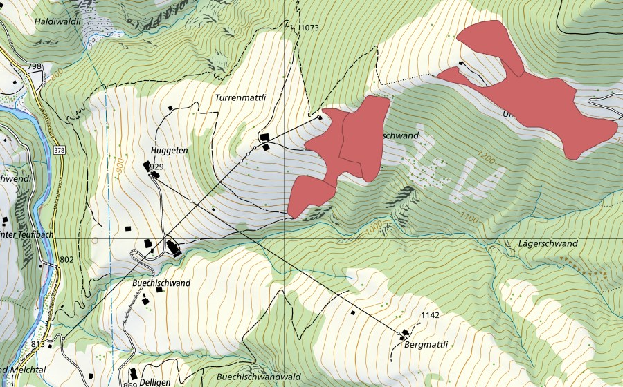 swisstopo national map showing the protected perimeter of Turren (Dry meadow)