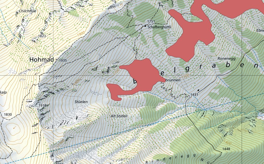 Carte nationale swisstopo avec le périmètre protégé de Turrenegg (Prairie sèche)