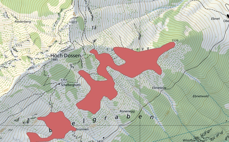 Landeskarte swisstopo mit dem Schutzperimeter von Turrenegg (Trockenwiese)