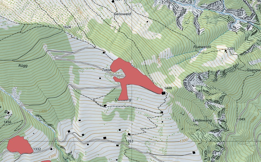 Landeskarte swisstopo mit dem Schutzperimeter von Tussweid (Trockenwiese)