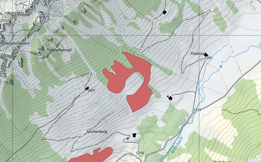 Carte nationale swisstopo avec le périmètre protégé de Tüüchtelwengli (Prairie sèche)