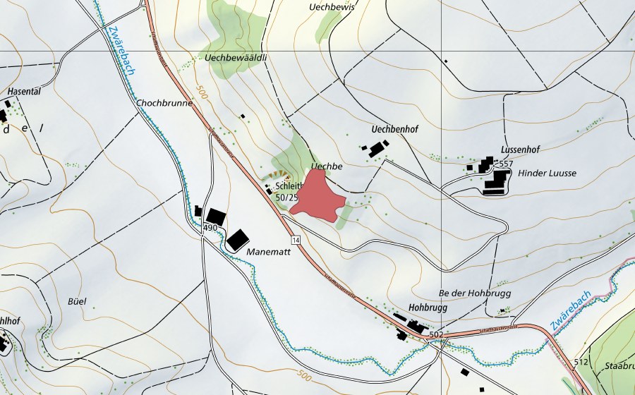 Landeskarte swisstopo mit dem Schutzperimeter von Uechben (Trockenwiese)