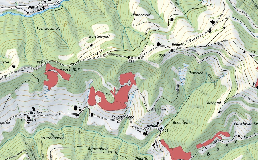 swisstopo national map showing the protected perimeter of Uerchen (Dry meadow)