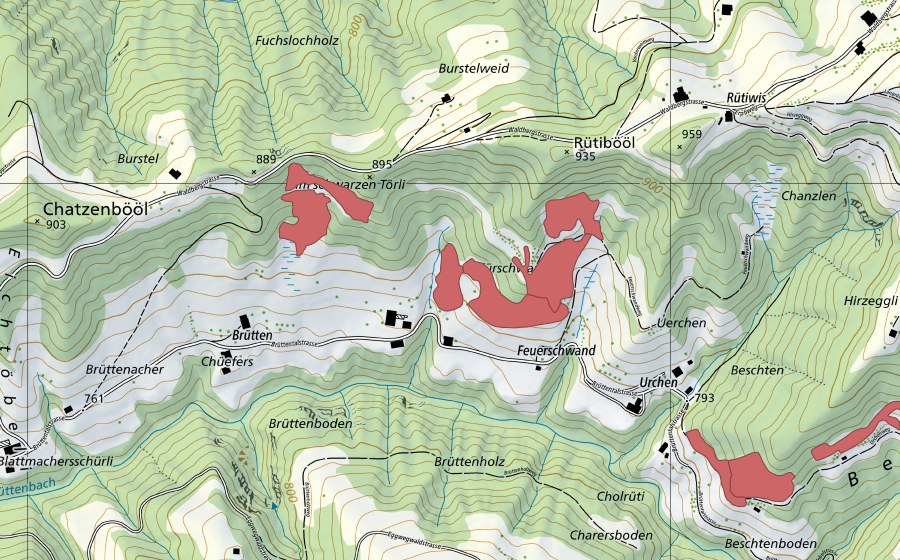 swisstopo national map showing the protected perimeter of Uerchen (Dry meadow)