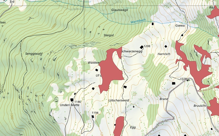 swisstopo national map showing the protected perimeter of Uf de Hofstette (Dry meadow)