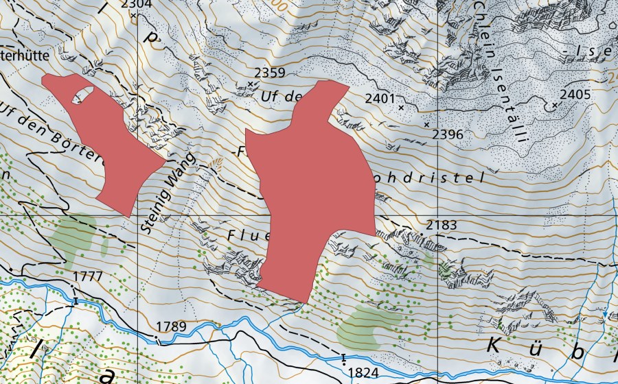 Carta nazionale swisstopo con il perimetro protetto di Uf den Flüenen (Prato secco)