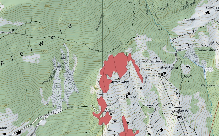 Carte nationale swisstopo avec le périmètre protégé de Uf den Oberschwänden (Prairie sèche)