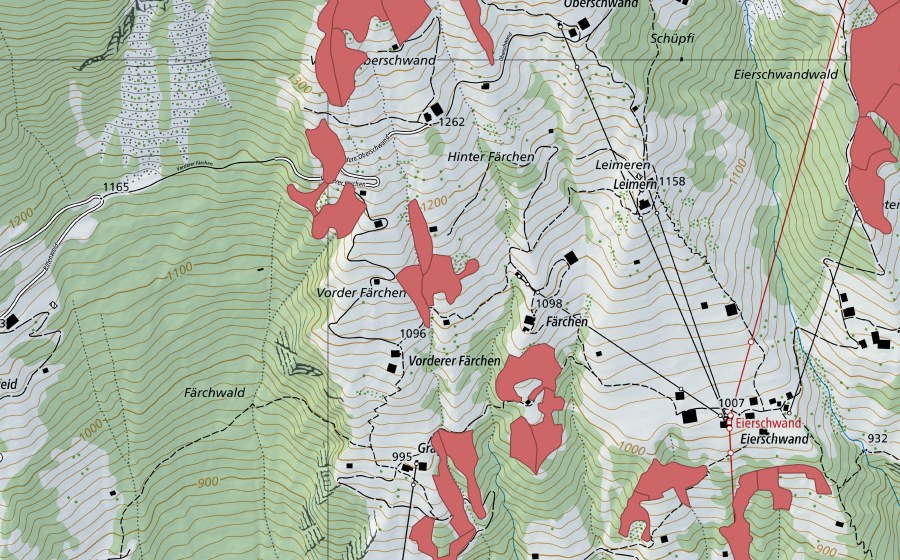 Landeskarte swisstopo mit dem Schutzperimeter von Uf den Oberschwänden (Trockenwiese)