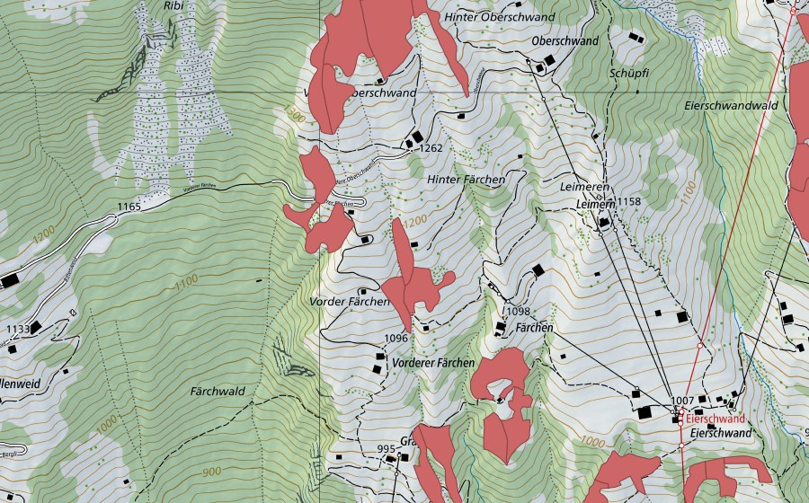 Landeskarte swisstopo mit dem Schutzperimeter von Uf den Oberschwänden (Trockenwiese)