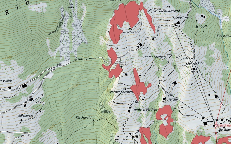 Landeskarte swisstopo mit dem Schutzperimeter von Uf den Oberschwänden (Trockenwiese)