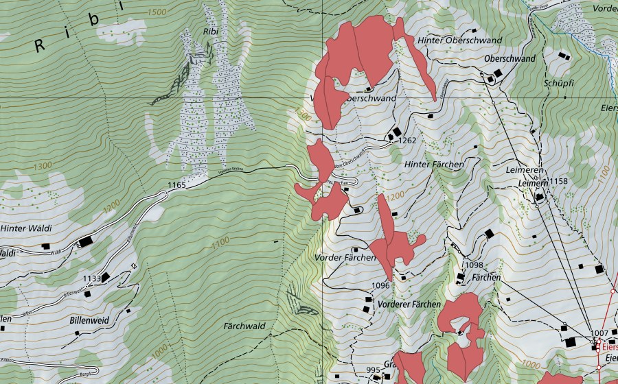 Landeskarte swisstopo mit dem Schutzperimeter von Uf den Oberschwänden (Trockenwiese)