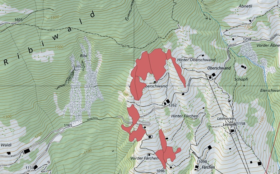 Landeskarte swisstopo mit dem Schutzperimeter von Uf den Oberschwänden (Trockenwiese)