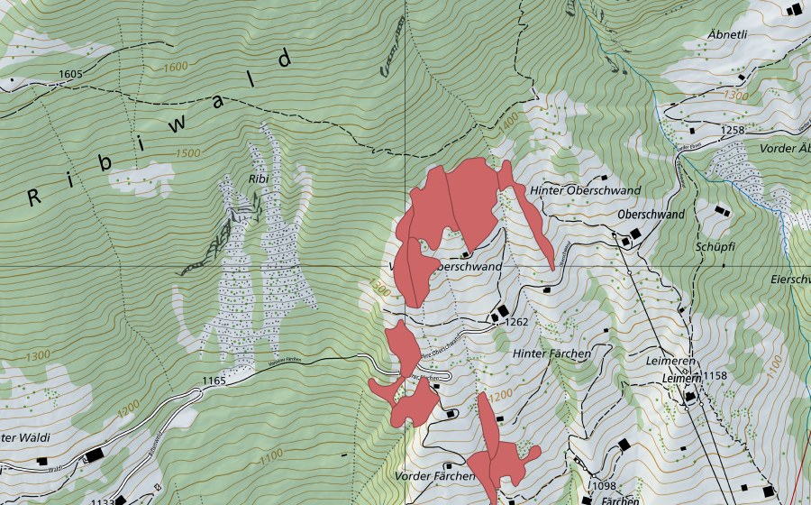 Landeskarte swisstopo mit dem Schutzperimeter von Uf den Oberschwänden (Trockenwiese)