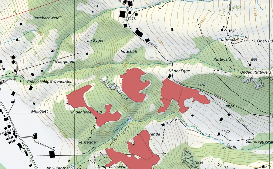 swisstopo national map showing the protected perimeter of Uf der Egge (Dry meadow)
