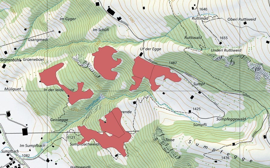 Landeskarte swisstopo mit dem Schutzperimeter von Uf der Egge (Trockenwiese)