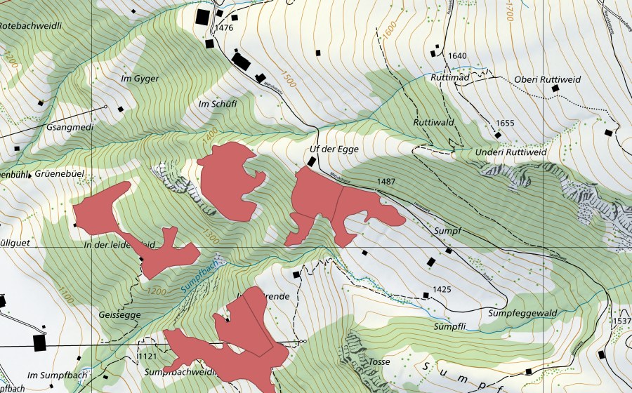 Landeskarte swisstopo mit dem Schutzperimeter von Uf der Egge (Trockenwiese)