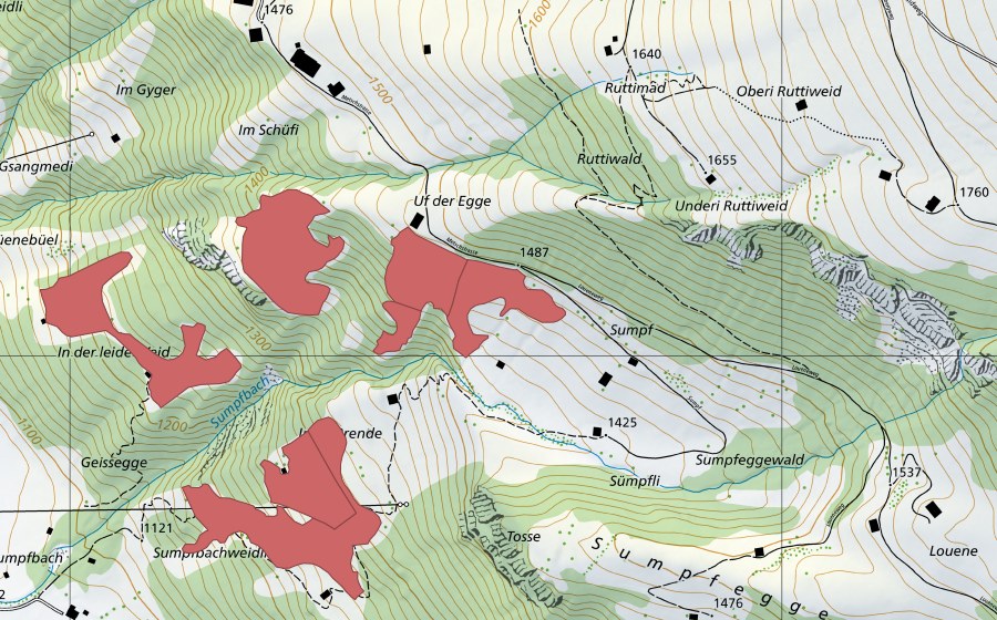 swisstopo national map showing the protected perimeter of Uf der Egge (Dry meadow)