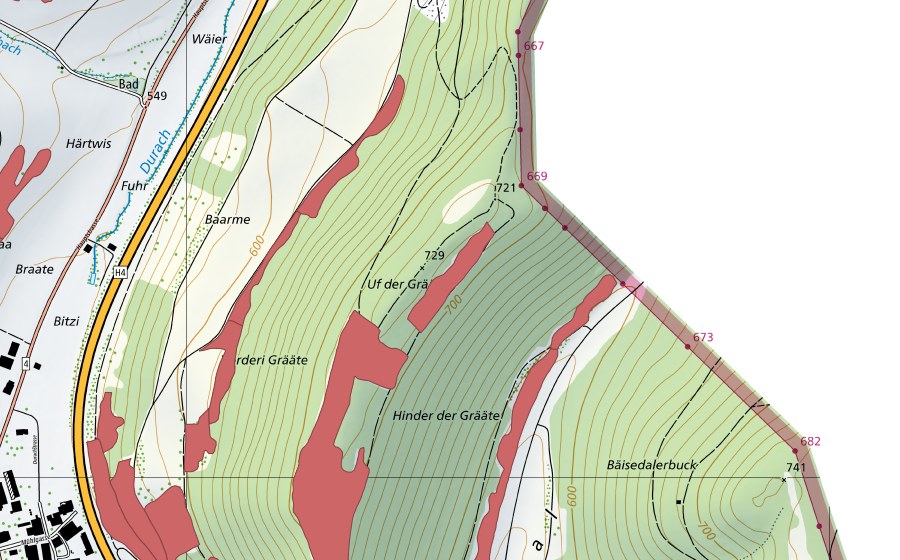 Landeskarte swisstopo mit dem Schutzperimeter von Uf der Gräte (Trockenwiese)