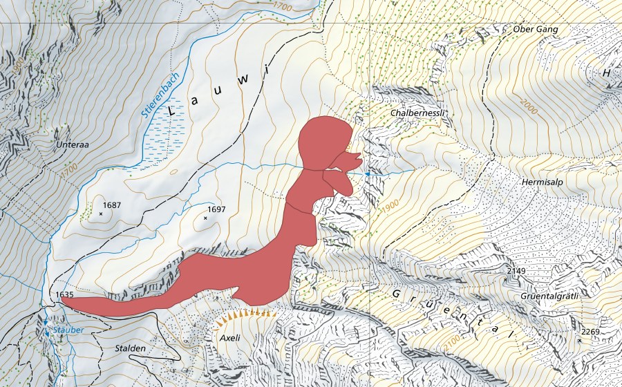 swisstopo national map showing the protected perimeter of Uf der Lauwi (Dry meadow)