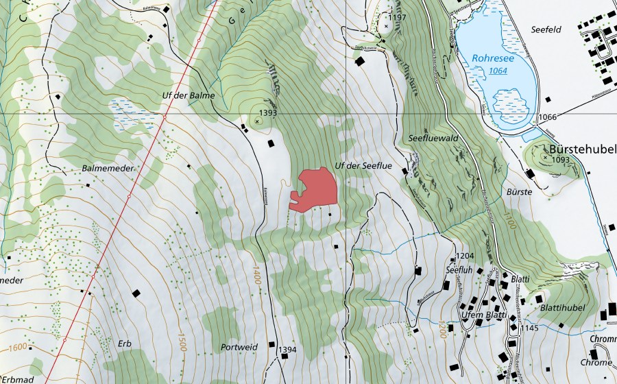 Carte nationale swisstopo avec le périmètre protégé de Uf der Seeflue (Prairie sèche)