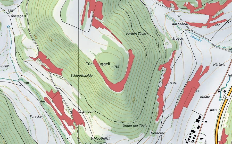 Carte nationale swisstopo avec le périmètre protégé de Uf der Tüele (Prairie sèche)