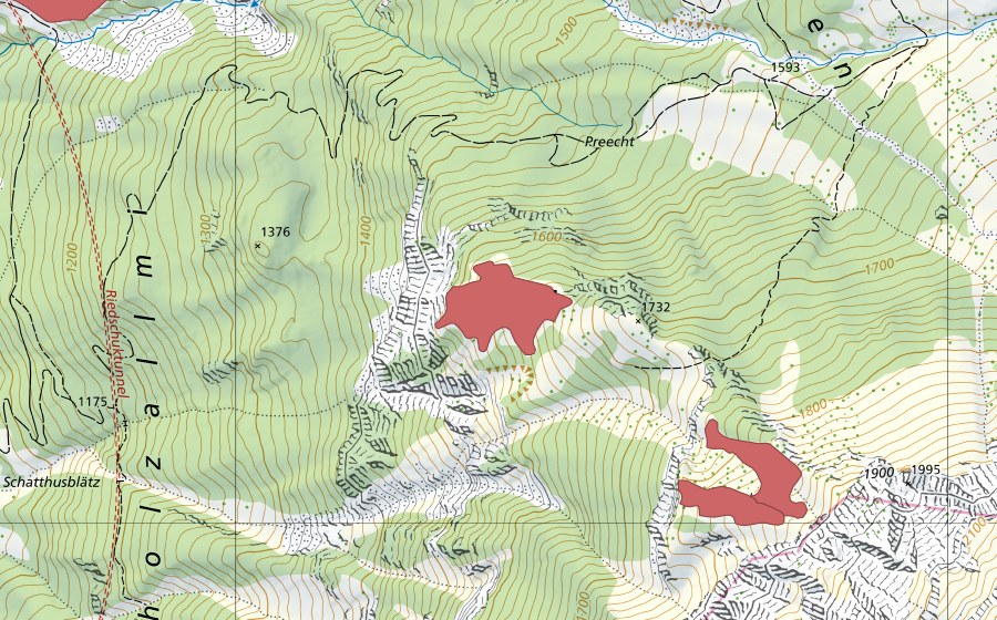 swisstopo national map showing the protected perimeter of Uf Rinters (Dry meadow)