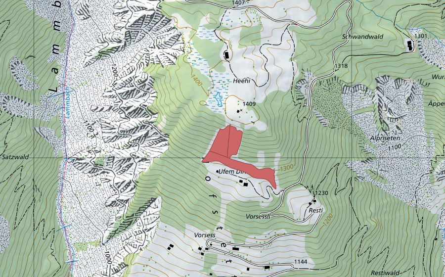 Landeskarte swisstopo mit dem Schutzperimeter von Ufem Dirr (Trockenwiese)