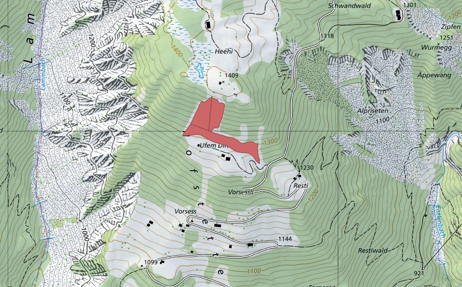 Carte nationale swisstopo avec le périmètre protégé de Ufem Dirr (Prairie sèche)