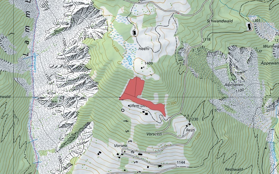 swisstopo national map showing the protected perimeter of Ufem Dirr (Dry meadow)