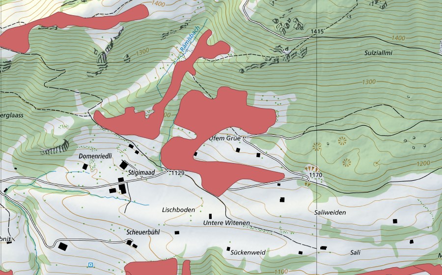 Carte nationale swisstopo avec le périmètre protégé de Ufem Grüe (Prairie sèche)