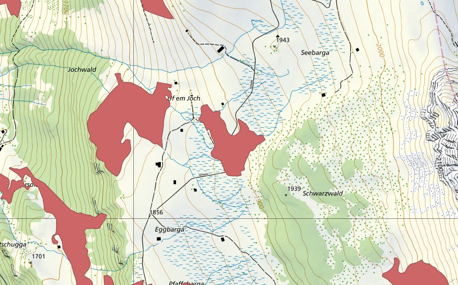 Carte nationale swisstopo avec le périmètre protégé de Ufem Joch (Prairie sèche)