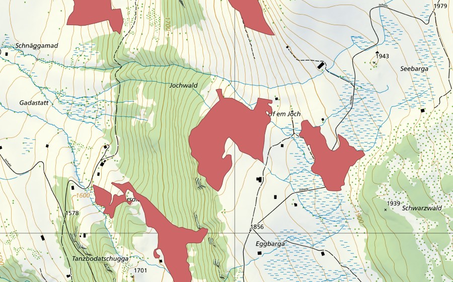 Landeskarte swisstopo mit dem Schutzperimeter von Ufem Joch (Trockenwiese)