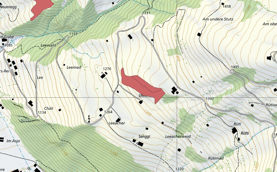 swisstopo national map showing the protected perimeter of Ufem Ried (Dry meadow)
