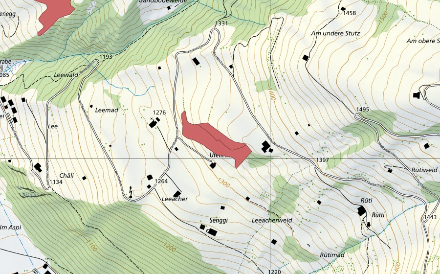swisstopo national map showing the protected perimeter of Ufem Ried (Dry meadow)