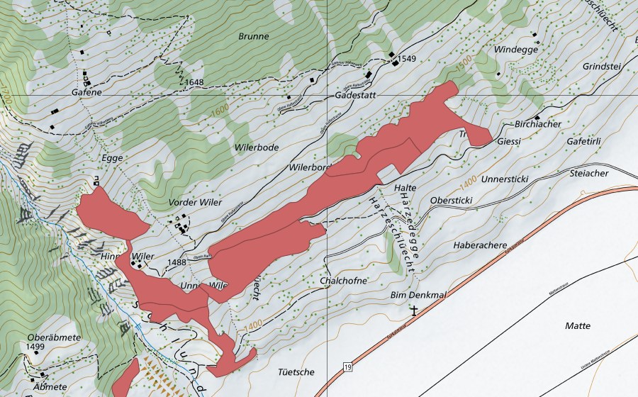 Landeskarte swisstopo mit dem Schutzperimeter von Ulrichen (Trockenwiese)