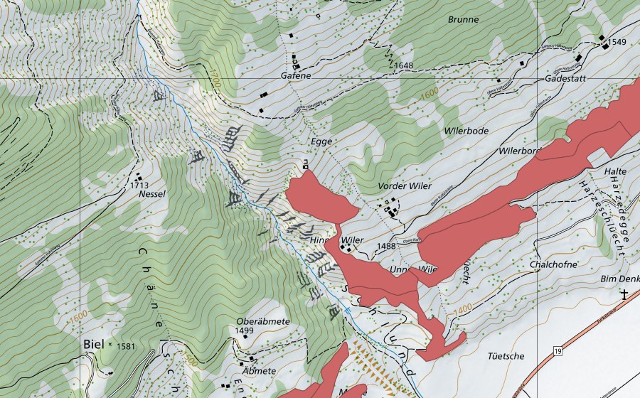 swisstopo national map showing the protected perimeter of Ulrichen (Dry meadow)