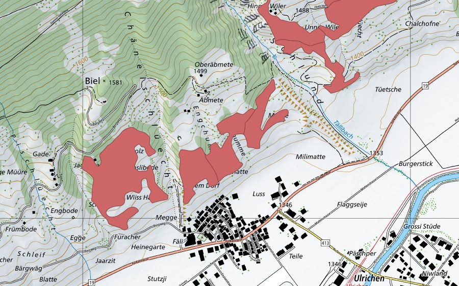 Landeskarte swisstopo mit dem Schutzperimeter von Ulrichen (Trockenwiese)
