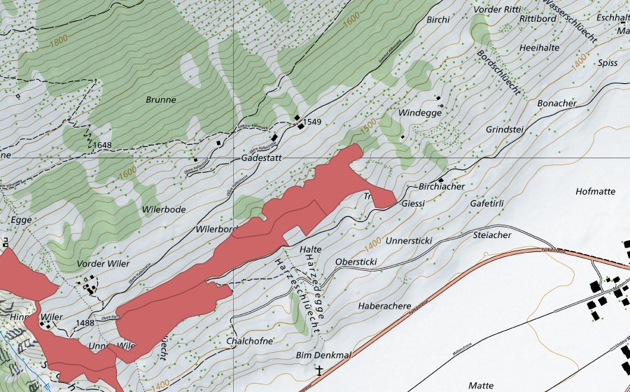 Carte nationale swisstopo avec le périmètre protégé de Ulrichen (Prairie sèche)