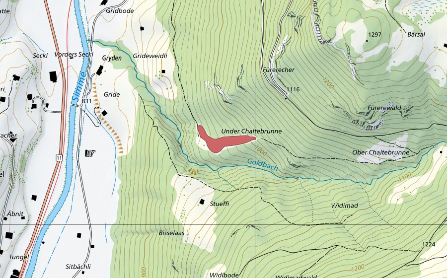 swisstopo national map showing the protected perimeter of Under Chaltebrunne (Dry meadow)
