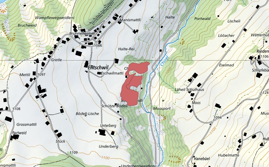 Carte nationale swisstopo avec le périmètre protégé de Underberg (Prairie sèche)