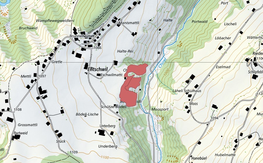 Landeskarte swisstopo mit dem Schutzperimeter von Underberg (Trockenwiese)