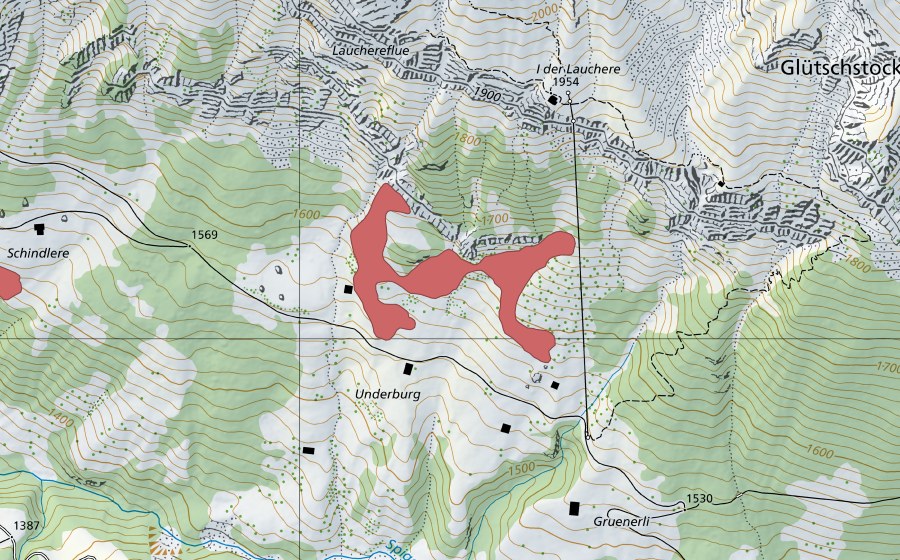 swisstopo national map showing the protected perimeter of Underburg (Dry meadow)