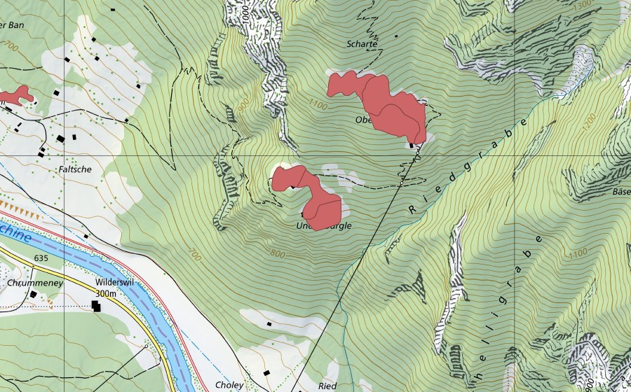 Carte nationale swisstopo avec le périmètre protégé de Underbürgle (Prairie sèche)